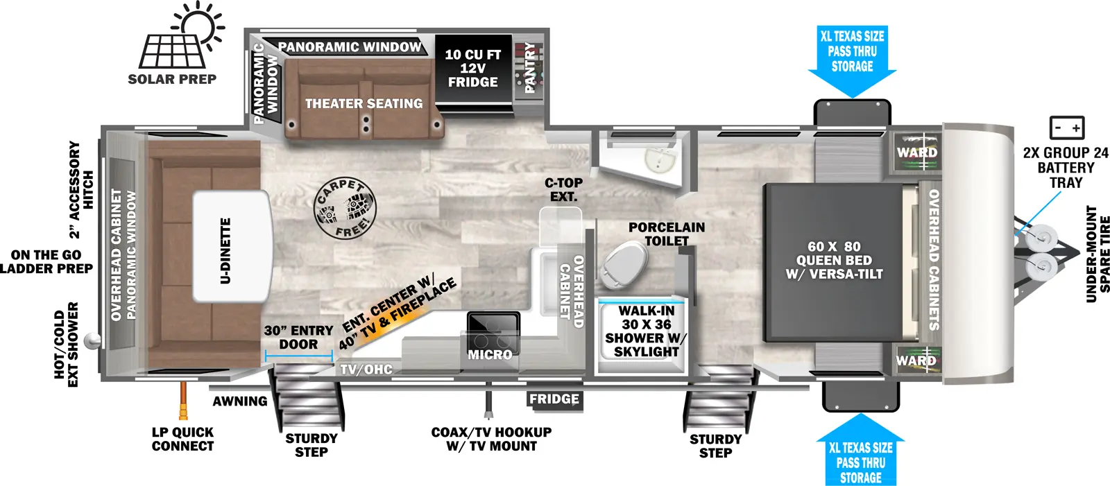 The Hemisphere Travel Trailers 24RDHL - DSO floorplan has two entries and one slide out. Exterior features include: fiberglass exterior and 19' awning. Interiors features include: u-dinette, front bedroom and pass through bathroom.
